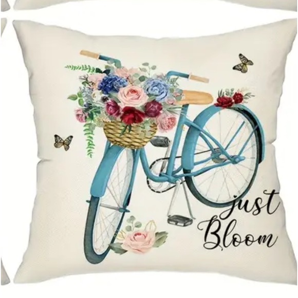 NIP Pillow cover. 18” x 18”  Zipper open/close 1/pc “Just Bloom “ Blue Bicycle - Picture 1 of 3
